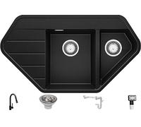 PRIMAGRAN Evier d'angle en Granit Noir 90x50cm, Lavabo Cuisine 1,5 bacs + Kit de Vidage + Robinet 40x22cm, Évier à Encastrer au meuble 80cm - Copenhague Corner