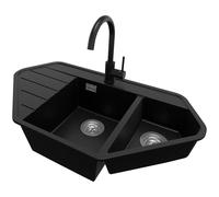 PRIMAGRAN Evier d'angle en Granit Noir 90x50cm, Lavabo Cuisine 1,5 bacs + Robinet 32x20cm + Kit de Vidage, Évier à Encastrer al mueble 70cm - Copenhague Corner