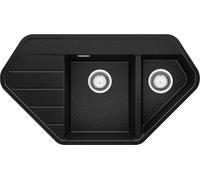 PRIMAGRAN Evier d'angle en Granit Noir Métallisé 90x50cm, Lavabo Cuisine 1,5 bacs + Kit de Vidage, Évier à Encastrer au meuble 80cm - Copenhague Corner