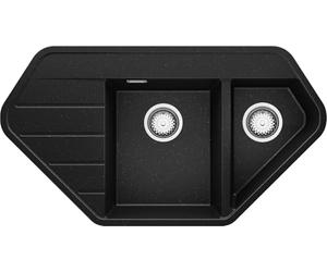 PRIMAGRAN Evier d'angle en Granit Noir Métallisé 90x50cm, Lavabo Cuisine 1,5 bacs + Kit de Vidage, Évier à Encastrer al mueble 70cm - Copenhague Corner
