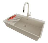 PRIMAGRAN Evier d'angle en Granit Tout Beige 88x50cm, Lavabo Cuisine 1 bac + Robinet 40x20cm + Set d’accessoires, Évier à Encastrer au Meuble 90cm - Oslo S702