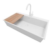 PRIMAGRAN Evier d'angle en Granit Tout Blanc 88x50cm, Lavabo Cuisine 1 bac + Robinet 32x20cm + Set d’accessoires, Évier à Encastrer au Meuble 90cm - Oslo S718