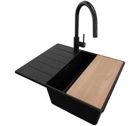 PRIMAGRAN Evier d'angle en Granit Tout Noir 62x50cm, Lavabo Cuisine 1 bac + Robinet 40x20cm + Set d’accessoires, Évier à Encastrer au Meuble 45cm - Copenhague S264