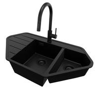 PRIMAGRAN Evier d'angle en Granit Tout Noir 90x50cm, Lavabo Cuisine 1,5 bacs + Robinet 40x20cm + Kit de Vidage, Évier à Encastrer al mueble 70cm - Copenhague Corner