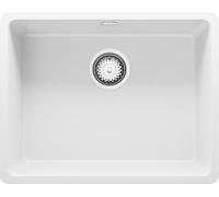 PRIMAGRAN Evier sous Plan au Meuble 60cm + Kit de Vidage, 56x44cm | Set: Kit de Vidage (Siphon, bonde d’évacuation, trop-plein) + Evier en Granit 1 Bac - Venise, Blanc