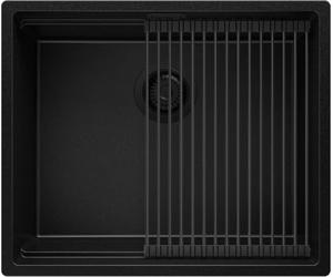 PRIMAGRAN Evier sous Plan au Meuble 60cm + Kit de Vidage, 56x47cm | Set: Kit de Vidage + Égouttoir Enroulable + Evier en Granit 1 Bac - Prague Level, Tout Noir