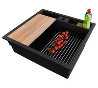 PRIMAGRAN Evier sous Plan au Meuble 60cm + Kit de Vidage, 56x54cm | Set: Kit de Vidage (Siphon, bonde d’évacuation, trop-plein) + Evier en Granit 1 Bac - Bergen Double, Graphite