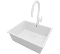 PRIMAGRAN Evier sous Plan au Meuble 60cm + Robinet, 56x44cm | Set: Robinet BW9010 + Kit de Vidage (Siphon, bonde d’évacuation, trop-plein) + Evier en Granit 1 Bac - Venise, Tout Blanc