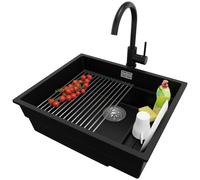 PRIMAGRAN Evier sous Plan au Meuble 60cm + Robinet, 56x47cm | Set: Robinet BW5010 + Kit de Vidage + Égouttoir Enroulable + Evier en Granit 1 Bac - Prague, Noir