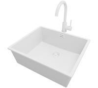 PRIMAGRAN Evier sous Plan au Meuble 60cm + Robinet, 56x47cm | Set: Robinet BW5010 + Kit de Vidage (Siphon, bonde d’évacuation, trop-plein) + Evier en Granit 1 Bac - London, Tout Blanc