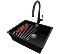 PRIMAGRAN Evier sous Plan au Meuble 60cm + Robinet, 56x47cm | Set: Robinet BW9010 + Kit de Vidage + Égouttoir Enroulable + Evier en Granit 1 Bac - Prague Level, Noir