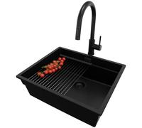 PRIMAGRAN Evier sous Plan au Meuble 60cm + Robinet, 56x47cm | Set: Robinet BW9010 + Kit de Vidage + Égouttoir Enroulable + Evier en Granit 1 Bac - Prague Level, Tout Noir