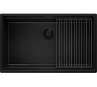 PRIMAGRAN Evier sous Plan au Meuble 80cm + Kit de Vidage, 76x47cm | Set: Kit de Vidage + Égouttoir Enroulable + Evier en Granit 1 Bac - Prague Level, Tout Noir