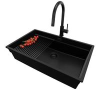 PRIMAGRAN Evier sous Plan au Meuble 80cm + Robinet, 76x47cm | Set: Robinet BW9010 + Kit de Vidage + Égouttoir Enroulable + Evier en Granit 1 Bac - Prague Level, Tout Noir