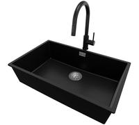 PRIMAGRAN Evier sous Plan au Meuble 80cm + Robinet, 76x47cm | Set: Robinet BW9010 + Kit de Vidage (Siphon, bonde d’évacuation, trop-plein) + Evier en Granit 1 Bac - London, Noir