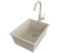 PRIMAGRAN Evier Sous Plan Beige 36x47cm, Evier en Granit 1 bac + Robinet 32x20cm + Kit de Vidage, Évier al mueble 40cm - London S044
