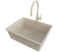 PRIMAGRAN Evier Sous Plan Beige 56x44cm, Evier en Granit 1 bac + Kit de Vidage, Évier al mueble 60cm - Venise Easy