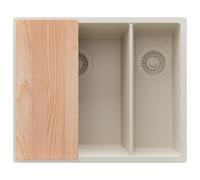 PRIMAGRAN Evier Sous Plan Beige 56x47cm, Evier en Granit 1,5 bacs + Kit de Vidage + Planche à Découper, Évier al mueble 60cm - London Duo S066