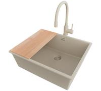 PRIMAGRAN Evier Sous Plan Beige 56x47cm, Evier en Granit 1 bac + Robinet 32x20cm + Kit de Vidage + Planche à Découper, Évier al mueble 60cm - London