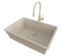 PRIMAGRAN Evier Sous Plan Beige 66x47cm, Evier en Granit 1 bac + Kit de Vidage, Évier al mueble 70cm - Prague