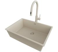 PRIMAGRAN Evier Sous Plan Beige 66x47cm, Evier en Granit 1 bac + Robinet 40x20cm + Kit de Vidage, Évier al mueble 70cm - London S412