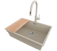 PRIMAGRAN Evier Sous Plan Beige 66x47cm, Evier en Granit 1 bac + Robinet 40x20cm + Kit de Vidage + Planche à Découper, Évier al mueble 70cm - Prague