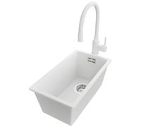 PRIMAGRAN Evier Sous Plan Blanc 26x47cm, Evier en Granit 1 bac + Robinet 40x20cm + Kit de Vidage, Évier al mueble 30cm - London