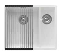 PRIMAGRAN Evier Sous Plan Blanc 56x47cm, Evier en Granit 1,5 bacs + Kit de Vidage + Égouttoir Enroulable, Évier al mueble 60cm - London Duo S036