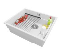 PRIMAGRAN Evier Sous Plan Blanc 56x47cm, Evier en Granit 1 bac + Kit de Vidage + Égouttoir Enroulable, Évier al mueble 60cm - Prague S354