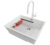 PRIMAGRAN Evier Sous Plan Blanc 56x47cm, Evier en Granit 1 bac + Robinet 38x14cm + Kit de Vidage + Égouttoir Enroulable, Évier al mueble 60cm - Prague