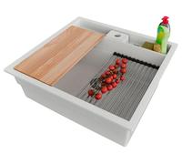 PRIMAGRAN Evier Sous Plan Blanc 56x54cm, Evier en Granit 1 bac + Kit de Vidage + Accessoires, Évier al mueble 60cm - Bergen Pocket