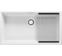 PRIMAGRAN Evier Sous Plan Blanc 86x47cm, Evier en Granit 1 bac + Kit de Vidage + Égouttoir Enroulable, Évier al mueble 90cm - Prague S674