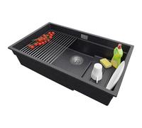 PRIMAGRAN Evier Sous Plan Graphite 76x47cm, Evier en Granit 1 bac + Kit de Vidage + Égouttoir Enroulable, Évier al mueble 80cm - Prague S275