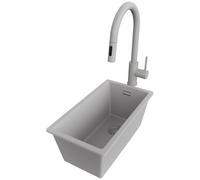 PRIMAGRAN Evier Sous Plan Gris 26x47cm, Evier en Granit 1 bac + Robinet 40x38cm + Kit de Vidage, Évier al mueble 30cm - London