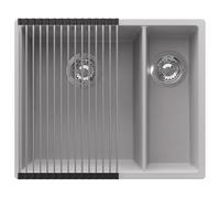 PRIMAGRAN Evier Sous Plan Gris 56x47cm, Evier en Granit 1,5 bacs + Kit de Vidage + Égouttoir Enroulable, Évier al mueble 60cm - London Duo S039