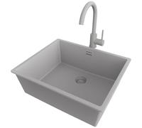 PRIMAGRAN Evier Sous Plan Gris 56x47cm, Evier en Granit 1 bac + Robinet 32x20cm + Kit de Vidage, Évier al mueble 60cm - London
