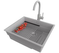 PRIMAGRAN Evier Sous Plan Gris 56x47cm, Evier en Granit 1 bac + Robinet 40x20cm + Kit de Vidage + Égouttoir Enroulable, Évier al mueble 60cm - Prague