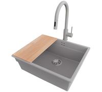 PRIMAGRAN Evier Sous Plan Gris 56x47cm, Evier en Granit 1 bac + Robinet 40x20cm + Kit de Vidage + Planche à Découper, Évier al mueble 60cm - Prague