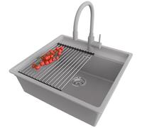 PRIMAGRAN Evier Sous Plan Gris 56x53cm, Evier en Granit 1 bac + Kit de Vidage + Égouttoir Enroulable, Évier al mueble 60cm - Bergen