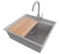 PRIMAGRAN Evier Sous Plan Gris 56x53cm, Evier en Granit 1 bac + Kit de Vidage + Planche à Découper, Évier al mueble 60cm - Bergen