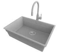 PRIMAGRAN Evier Sous Plan Gris 66x47cm, Evier en Granit 1 bac + Robinet 38x14cm + Kit de Vidage, Évier al mueble 70cm - Prague