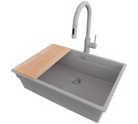 PRIMAGRAN Evier Sous Plan Gris 66x47cm, Evier en Granit 1 bac + Robinet 40x20cm + Kit de Vidage + Planche à Découper, Évier al mueble 70cm - Prague