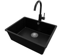 PRIMAGRAN Evier Sous Plan Noir 56x44cm, Evier en Granit 1 bac + Robinet 32x20cm, Évier al mueble 60cm - Venise Easy