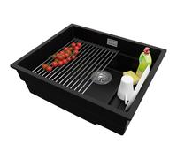 PRIMAGRAN Evier Sous Plan Noir 56x47cm, Evier en Granit 1 bac + Kit de Vidage + Égouttoir Enroulable, Évier al mueble 60cm - Prague S450