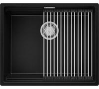 PRIMAGRAN Evier Sous Plan Noir 56x47cm, Evier en Granit 1 bac + Kit de Vidage + Égouttoir Enroulable, Évier al mueble 60cm - Prague S214