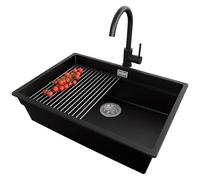 PRIMAGRAN Evier Sous Plan Noir 66x47cm, Evier en Granit 1 bac + Robinet 32x20cm + Kit de Vidage + Égouttoir Enroulable, Évier al mueble 70cm - Prague S515