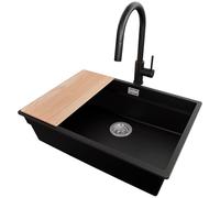 PRIMAGRAN Evier Sous Plan Noir 66x47cm, Evier en Granit 1 bac + Robinet 32x20cm + Kit de Vidage + Planche à Découper, Évier al mueble 70cm - Prague S503