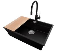 PRIMAGRAN Evier Sous Plan Noir 66x47cm, Evier en Granit 1 bac + Robinet 38x14cm + Kit de Vidage + Planche à Découper, Évier al mueble 70cm - Prague S507