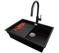 PRIMAGRAN Evier Sous Plan Noir 66x47cm, Evier en Granit 1 bac + Robinet 40x20cm + Kit de Vidage + Égouttoir Enroulable, Évier al mueble 70cm - Prague S517