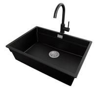 PRIMAGRAN Evier Sous Plan Noir 66x47cm, Evier en Granit 1 bac + Robinet 40x20cm + Kit de Vidage, Évier al mueble 70cm - Prague S481